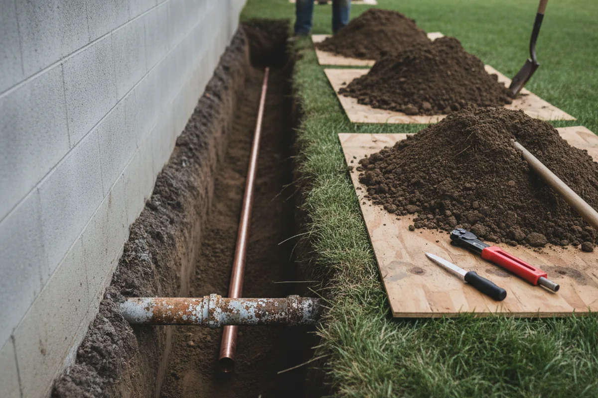 Excavated water line trench during Water Heater Repair in Portland